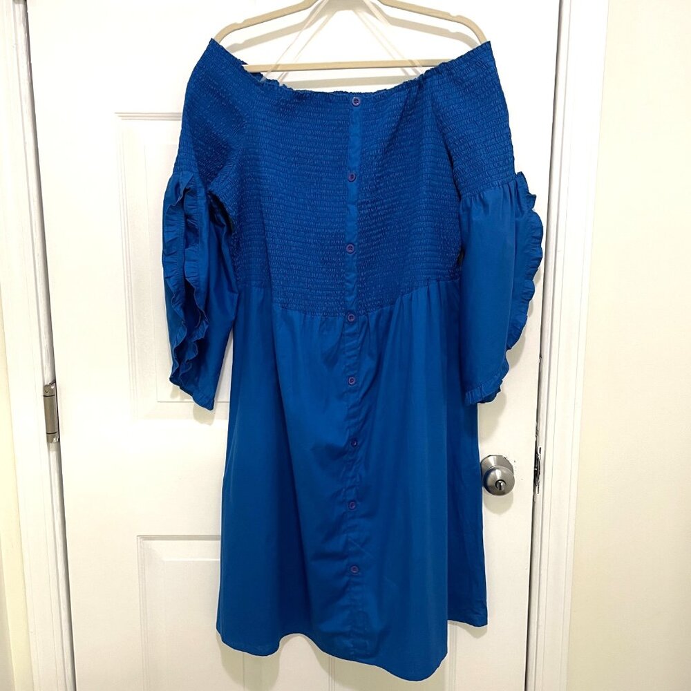 Ashley Stewart Womens Off-Shoulder Smocked‎ Cotton Dress 2X Blue Ruffle Sleeve